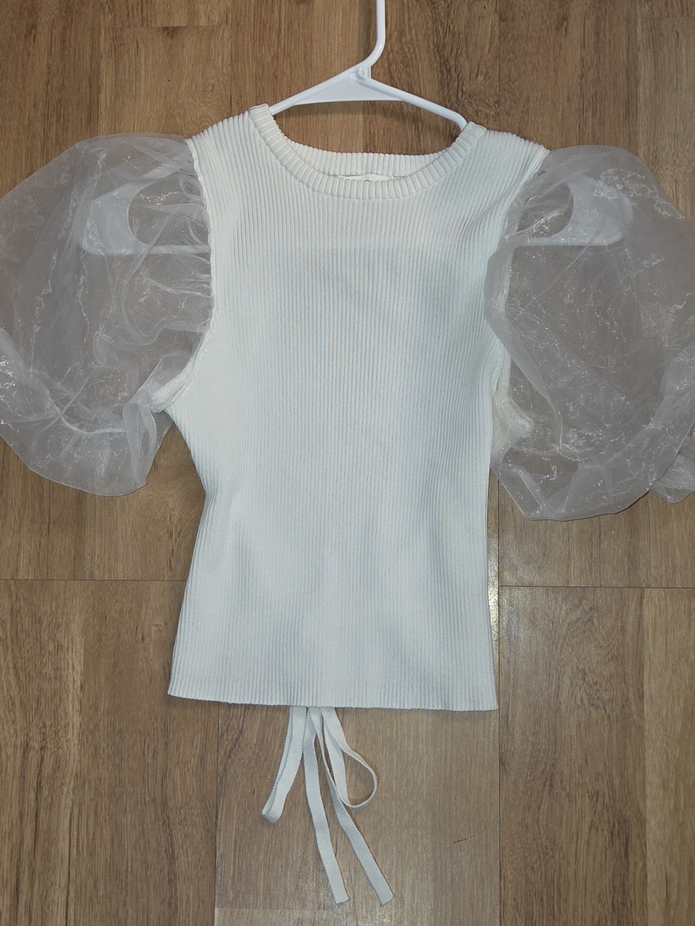Astr White Ribbed Knit Top with Sheer Puff Sleeves